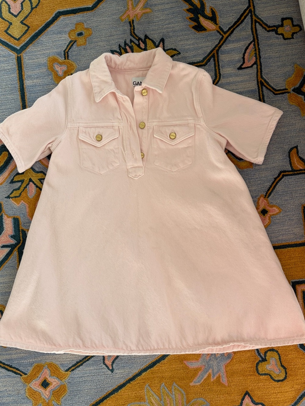 GANNI Light Pink Overdyed Denim Mini Shirt Dress Gold Buttons Size 36